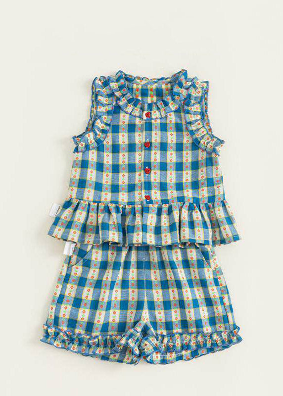 Blue Ruffled Print Kids Vest and Shorts Two Pieces Set Sleeveless