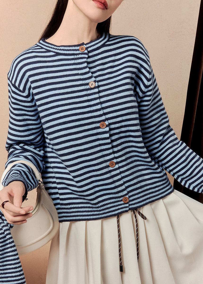 Blue Scarf Striped Button Knit Sweater Winter
