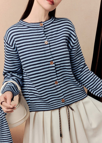 Blue Scarf Striped Button Knit Sweater Winter