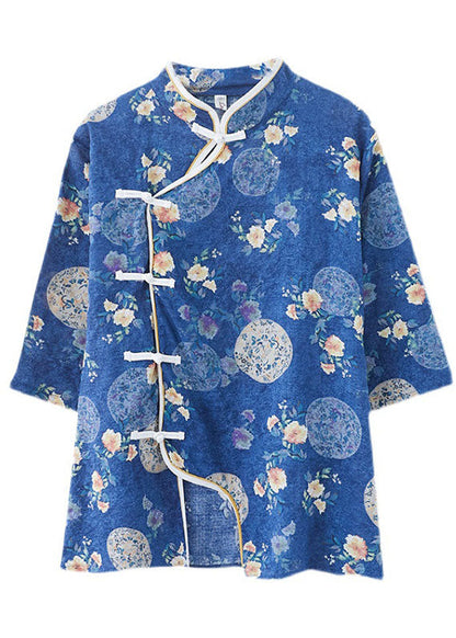 Blue Stand Collar Button Print Asymmetrical Design Fall Blouses Half Sleeve