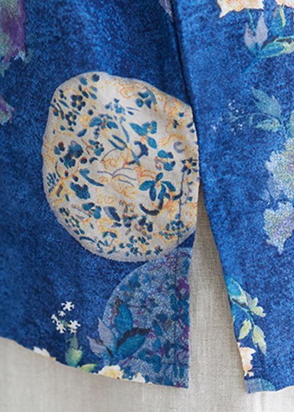 Blue Stand Collar Button Print Asymmetrical Design Fall Blouses Half Sleeve