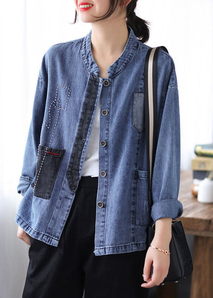 Blue Stand Collar Patchwork Button Denim Coats Spring
