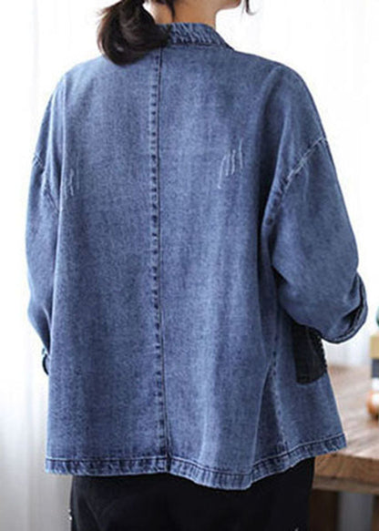 Blue Stand Collar Patchwork Button Denim Coats Spring
