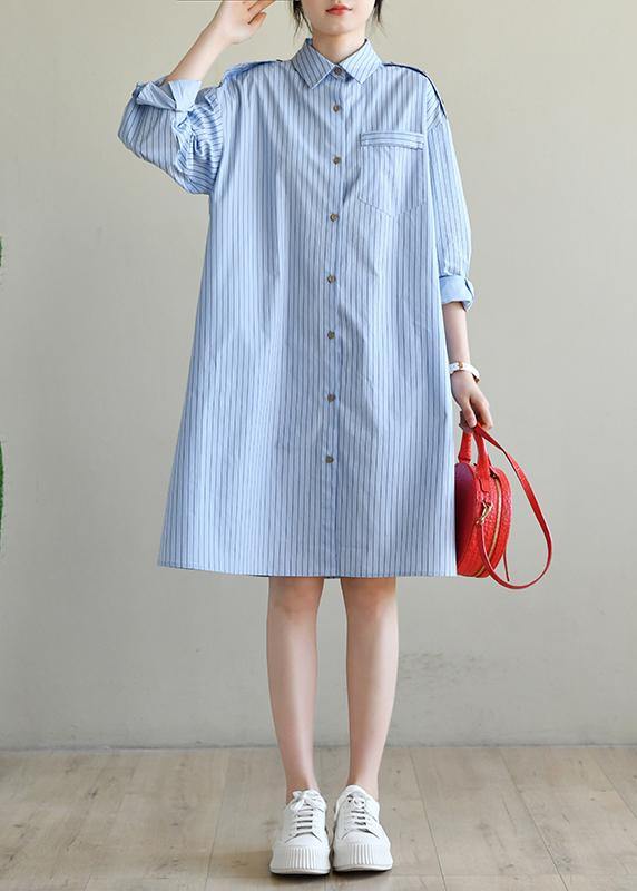 Blue Striped Cotton Long Sleeve Spring Dresses