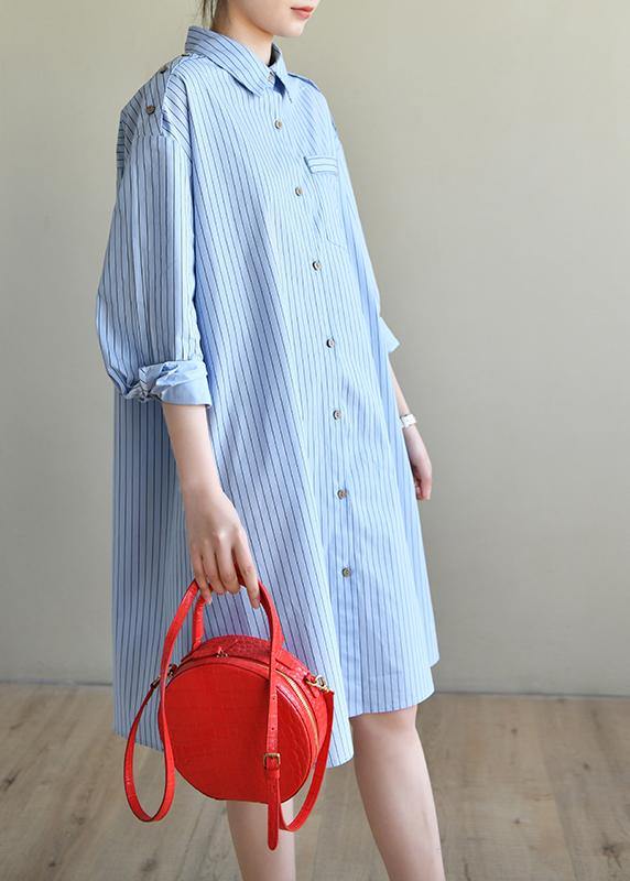 Blue Striped Cotton Long Sleeve Spring Dresses