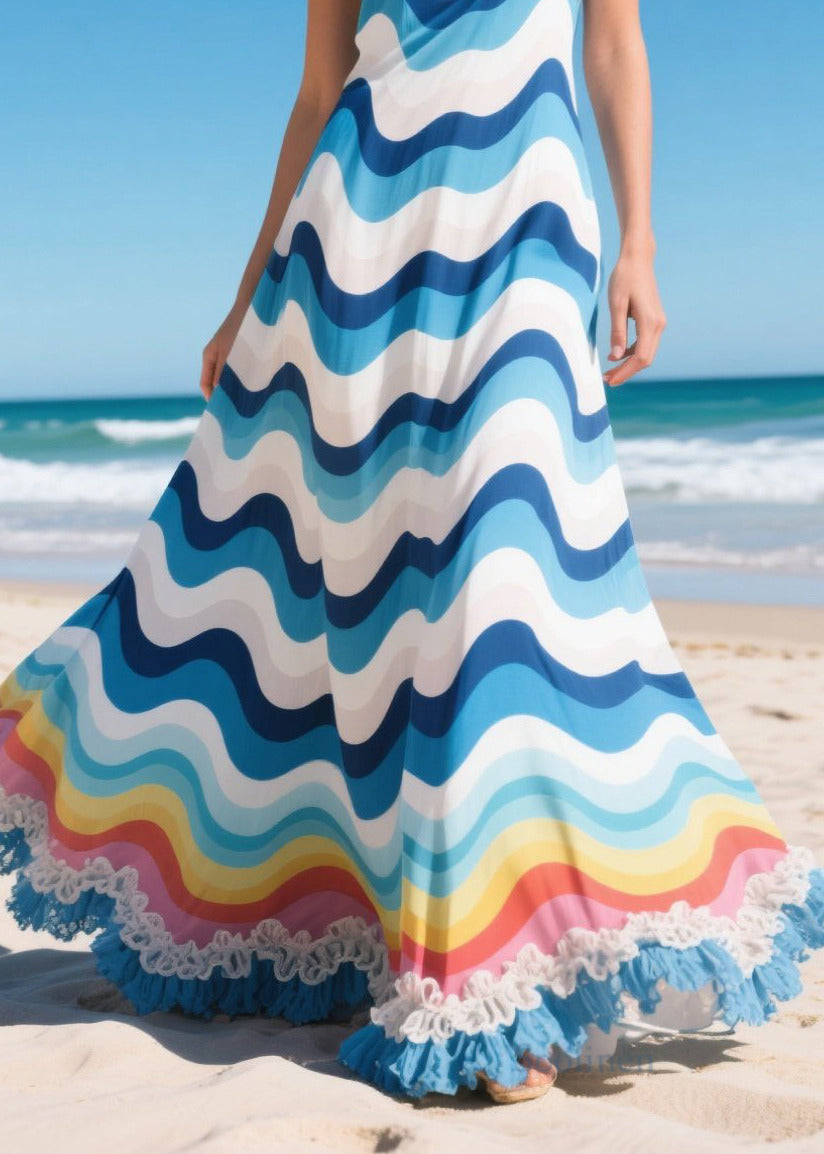 Blue Striped Ruffled Chiffon Holiday Dresses Summer