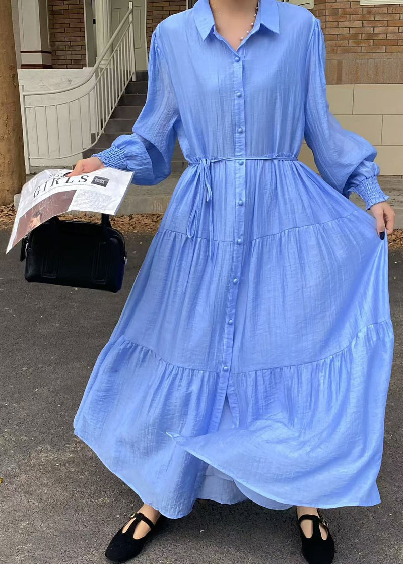 Blue Tie Waist Exra Large Hem Cotton Shirt Dresses Fall