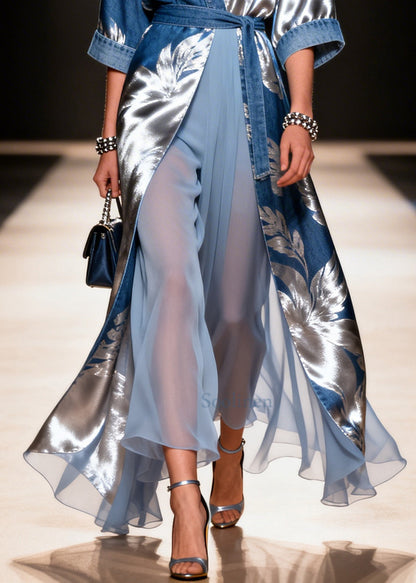 Blue Tie Waist Print Denim Fake Two Piece Dress Summer