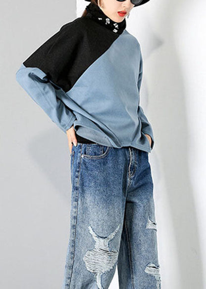 Casual Blue Turtle Neck Patchwork Tops Spring