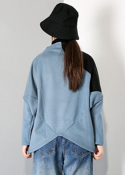 Casual Blue Turtle Neck Patchwork Tops Spring