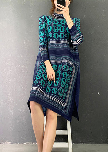 Blue Turtleneck Print Patchwork Holiday Dress Long Sleeve