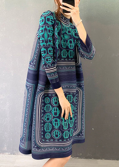 Blue Turtleneck Print Patchwork Holiday Dress Long Sleeve