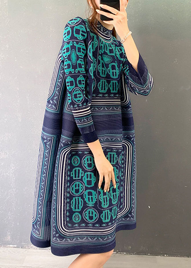 Blue Turtleneck Print Patchwork Holiday Dress Long Sleeve