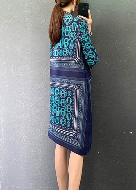 Blue Turtleneck Print Patchwork Holiday Dress Long Sleeve