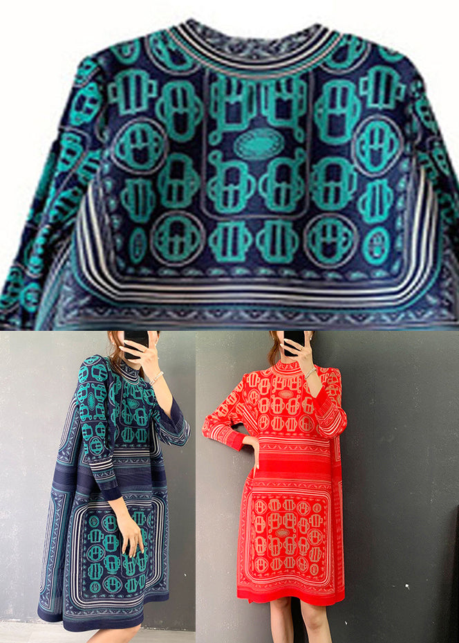 Blue Turtleneck Print Patchwork Holiday Dress Long Sleeve