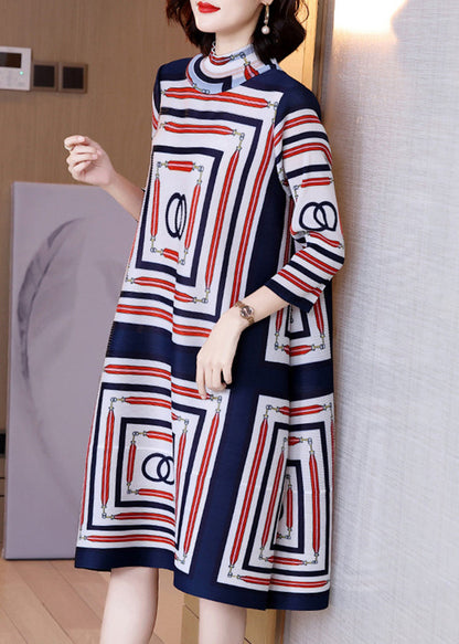 Blue Turtleneck Print Patchwork Long Dress Long Sleeve