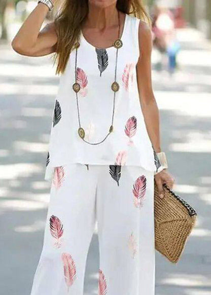 Blue U Neck Print Vest and Wide Leg Pants Two Pieces Set Summer
