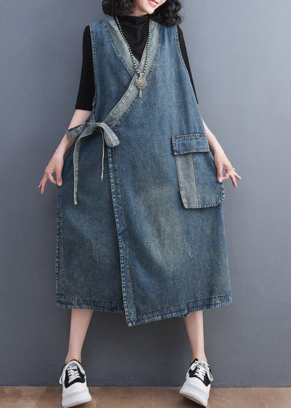 Blue V Neck Asymmetrical Patchwork Tie Waist Denim Long Dresses Sleeveless