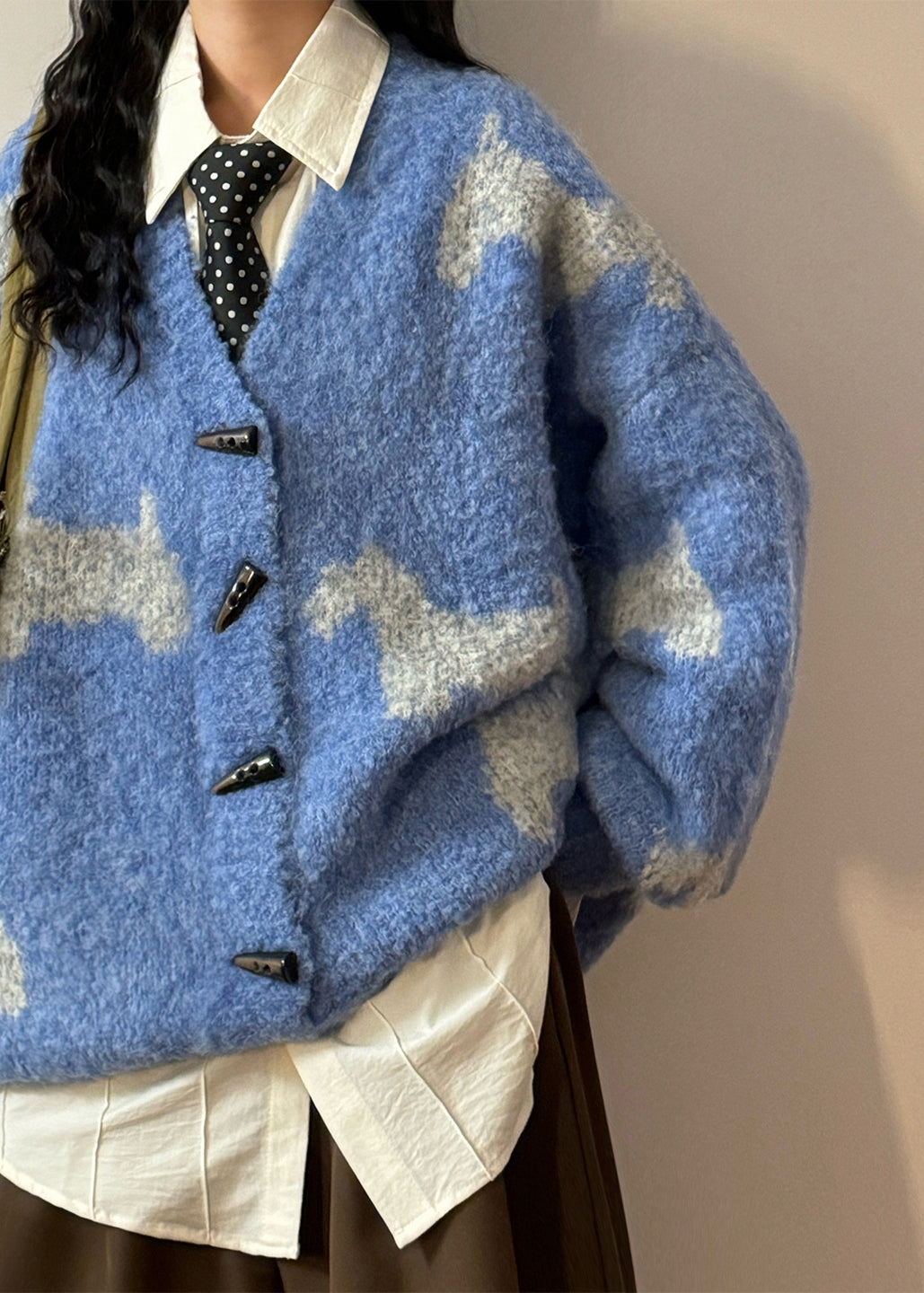 Blue V Neck Button Little Horse Knit Coats Spring