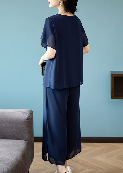 Blue V Neck Embroidered Chiffon Top and Crop Pants Two-piece Set Summer