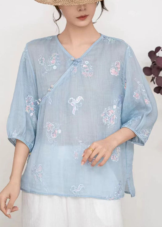 Blue V Neck Embroidered Linen T Shirt Tops Summer
