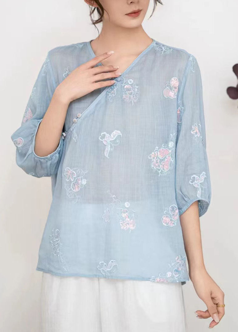 Blue V Neck Embroidered Linen T Shirt Tops Summer