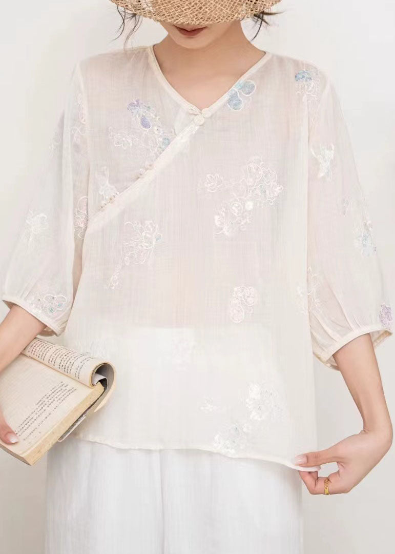 Blue V Neck Embroidered Linen T Shirt Tops Summer