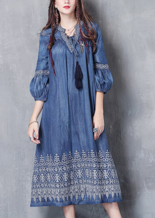 Blue V Neck Embroideried Cotton Vacation Dresses Lantern Sleeve