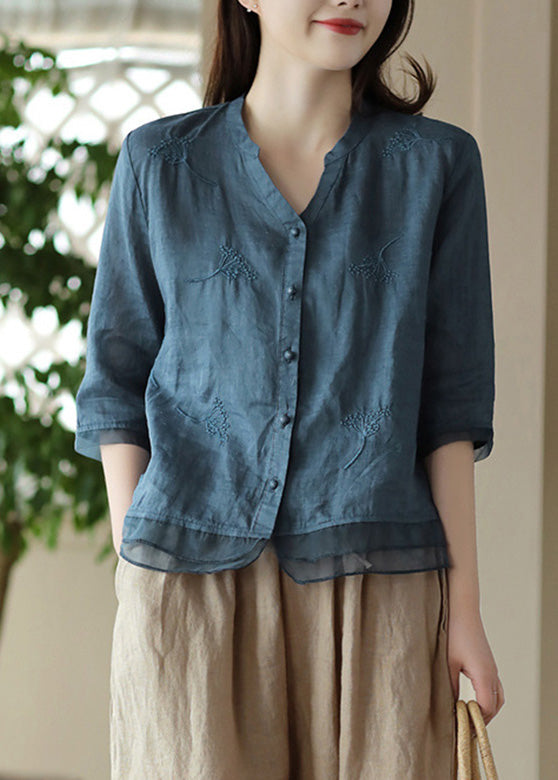 Red V Neck Embroidered Ramie Shirt Half Sleeve