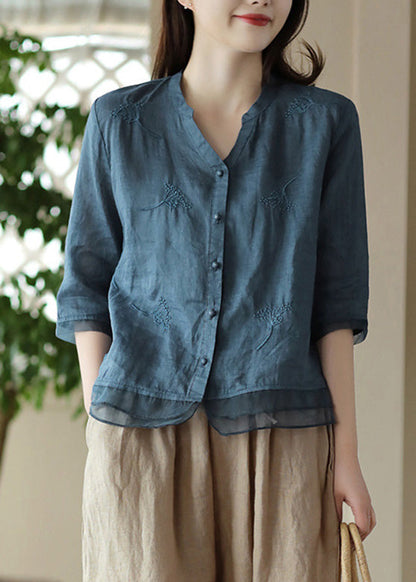 Purple V Neck Embroidered Ramie Shirt Half Sleeve
