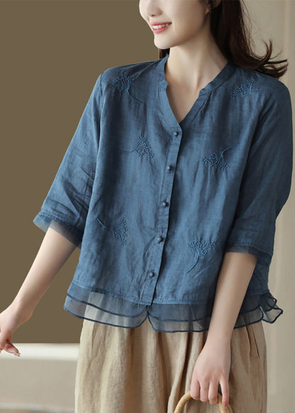 Yellow V Neck Embroidered Ramie Shirt Half Sleeve