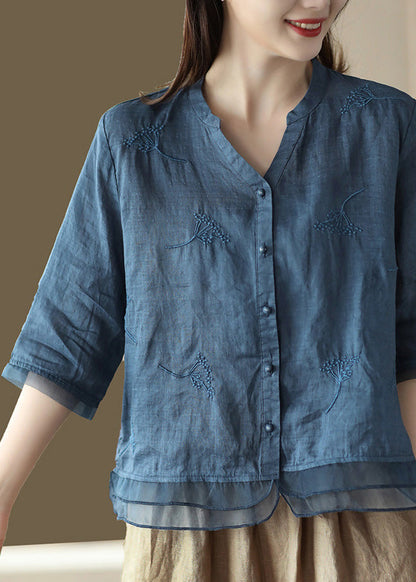 Purple V Neck Embroidered Ramie Shirt Half Sleeve