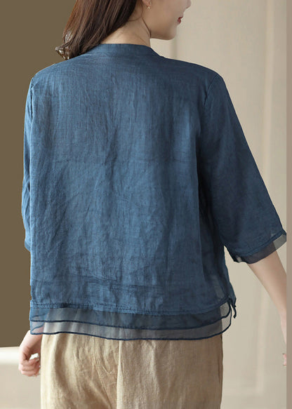 Purple V Neck Embroidered Ramie Shirt Half Sleeve