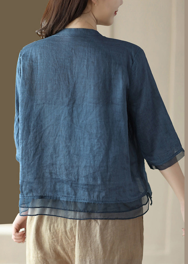 Black Strips V Neck Embroidered Ramie Shirt Half Sleeve