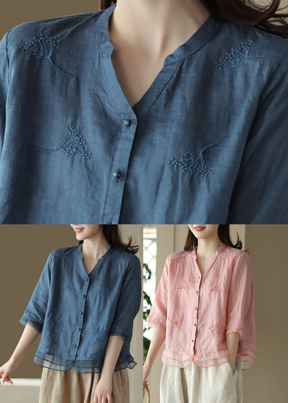 Green V Neck Embroidered Ramie Shirt Half Sleeve