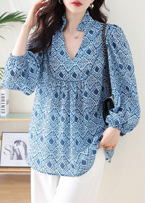 Casual Blue V Neck Geometric Print Chiffon Blouse Top Lantern Sleeve