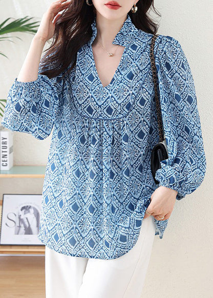 Casual Blue V Neck Geometric Print Chiffon Blouse Top Lantern Sleeve