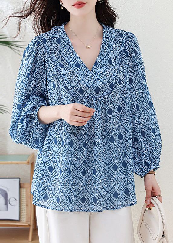 Casual Blue V Neck Geometric Print Chiffon Blouse Top Lantern Sleeve