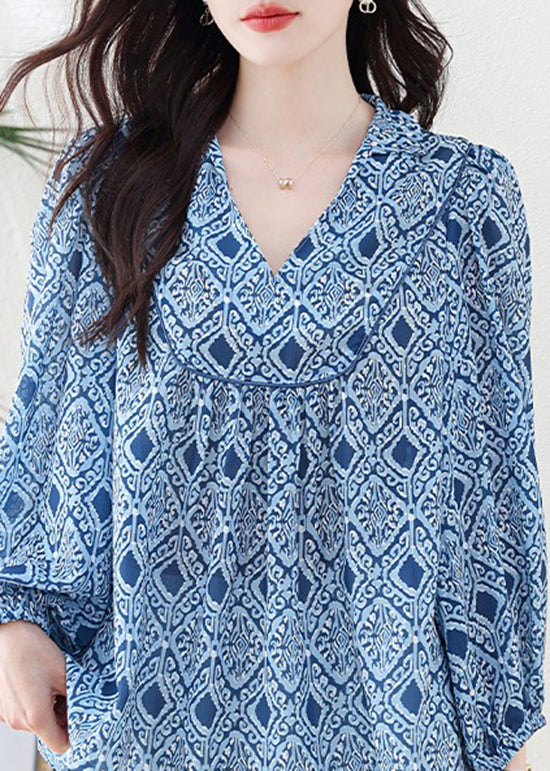 Casual Blue V Neck Geometric Print Chiffon Blouse Top Lantern Sleeve