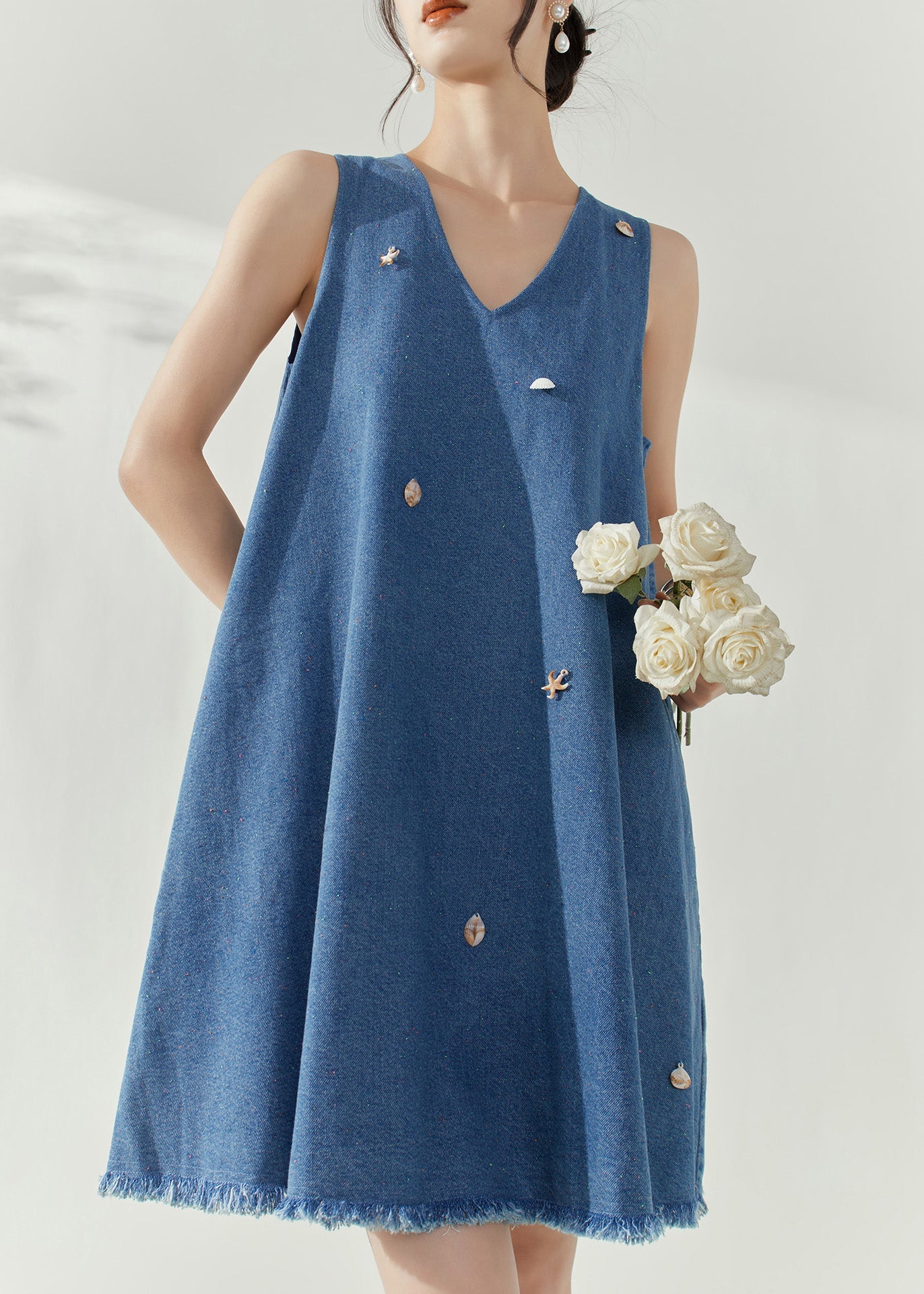 Blue V Neck Holiday Denim Mid Dress Summer