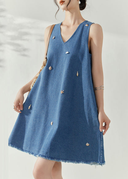 Blue V Neck Holiday Denim Mid Dress Summer