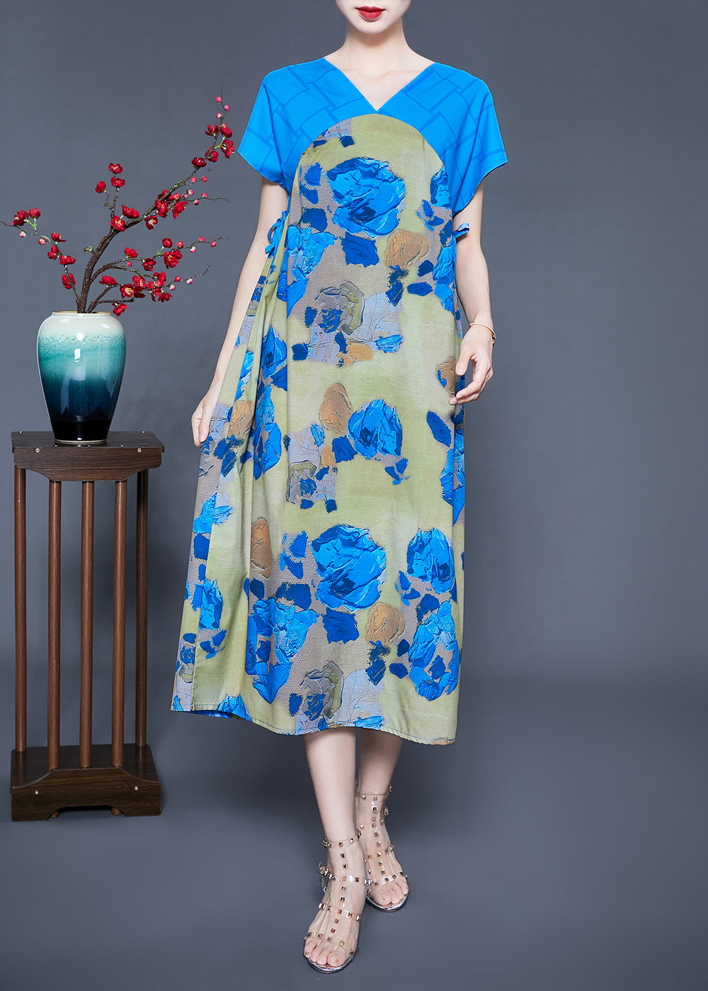 Blue V Neck Patchwork Print Silk Holiday Dress Summer
