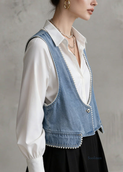 Blue V Neck Pearl Edge Patchwork Denim Vest Sleeveless