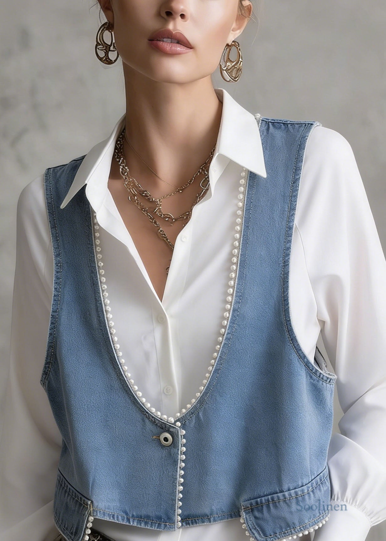 Blue V Neck Pearl Edge Patchwork Denim Vest Sleeveless