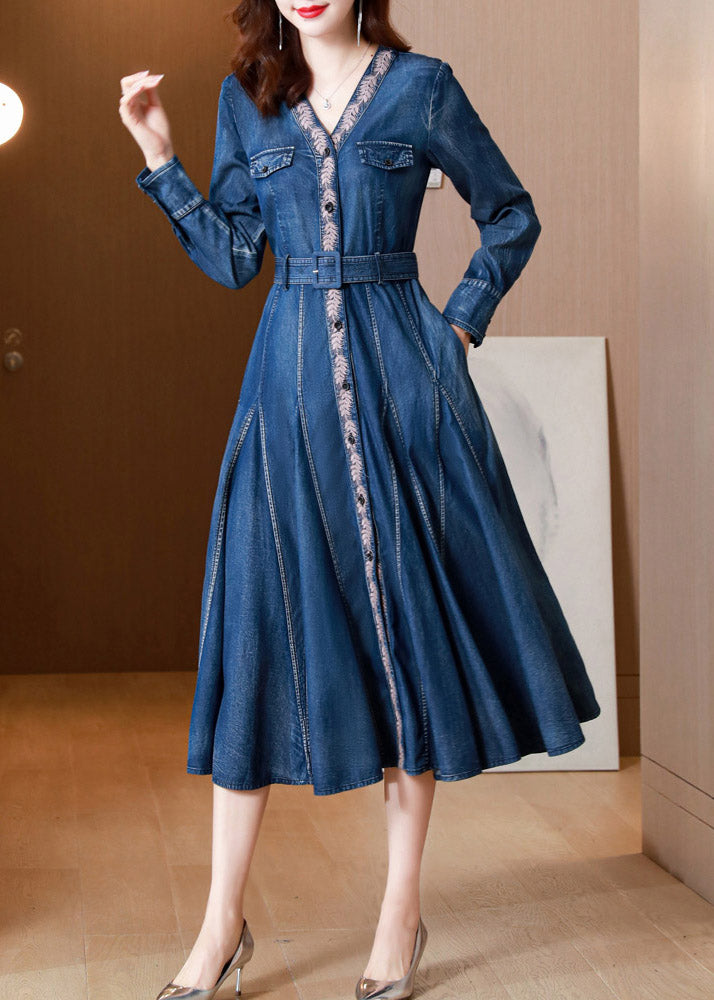 Blue V Neck Print Button Sashes Silk Denim Maxi Dresses Long Sleeve