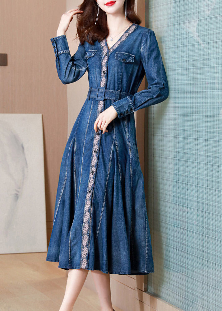 Blue V Neck Print Button Sashes Silk Denim Maxi Dresses Long Sleeve