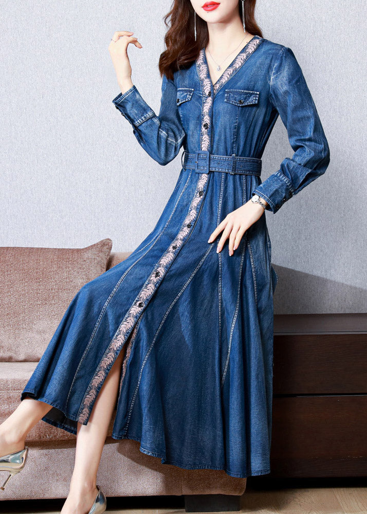 Blue V Neck Print Button Sashes Silk Denim Maxi Dresses Long Sleeve
