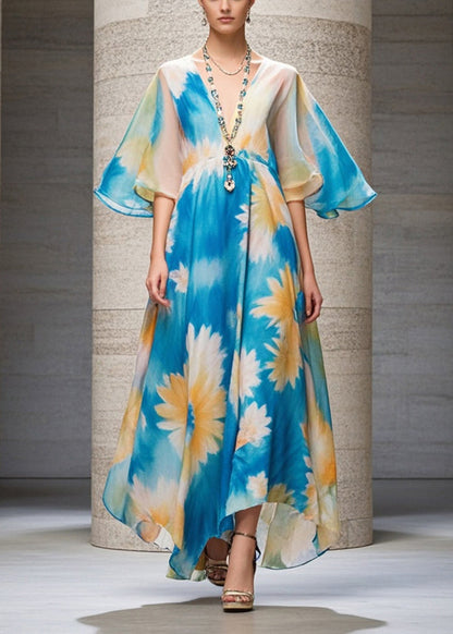 Blue V Neck Print Chiffon Long Dress Summer