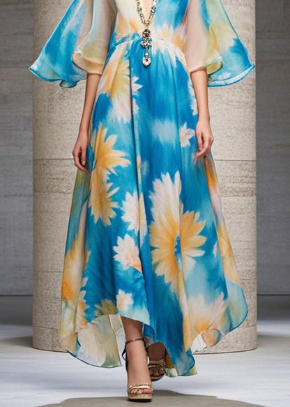 Blue V Neck Print Chiffon Long Dress Summer