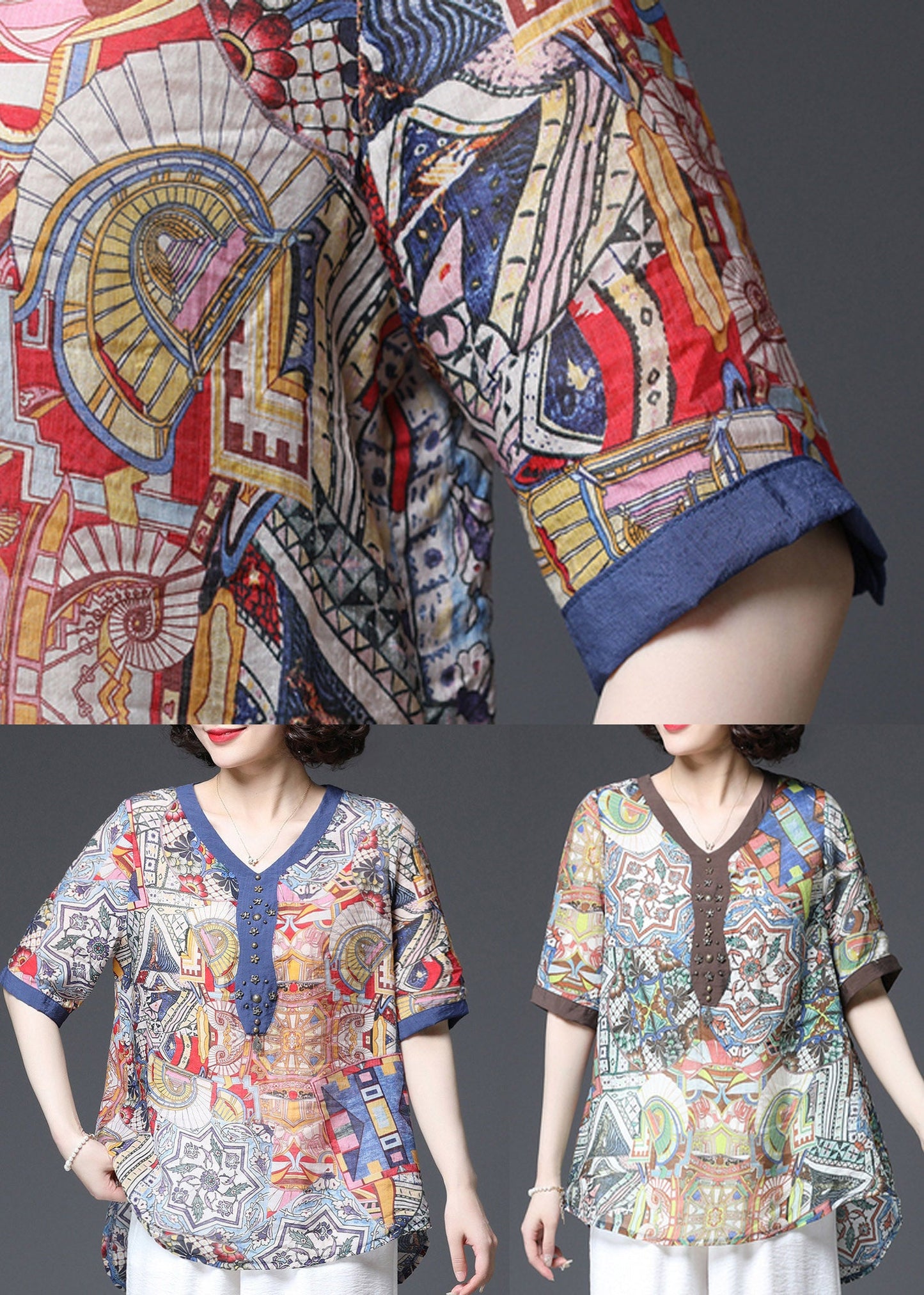 Blue V Neck Print Cotton Shirts Short Sleeve